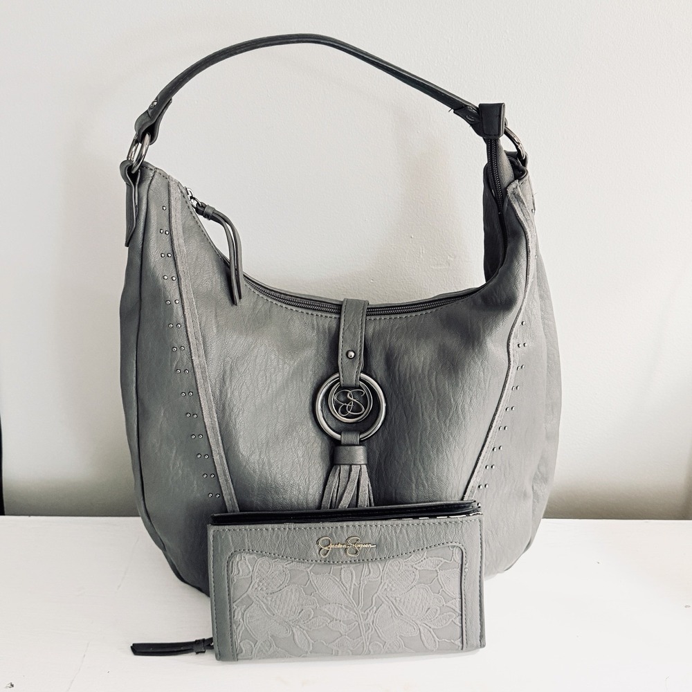 Jessica Simpson Gray Faux Leather Purse With Matching Wallet Hobo Bag